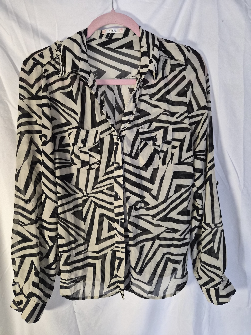 Timing Black and White Geometric Button-Down Blouse